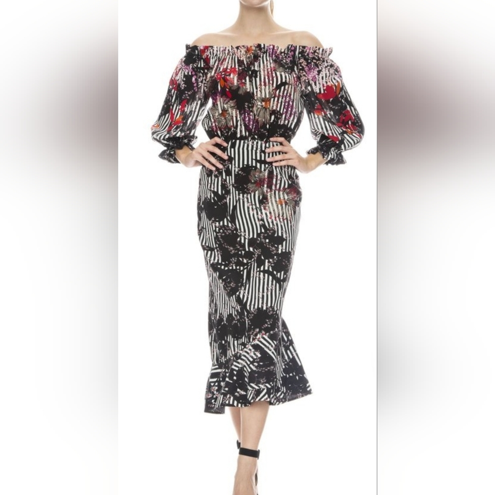 SALONI Silk Grace Dress with Flowers & Stripes Size 8-UK. 4US